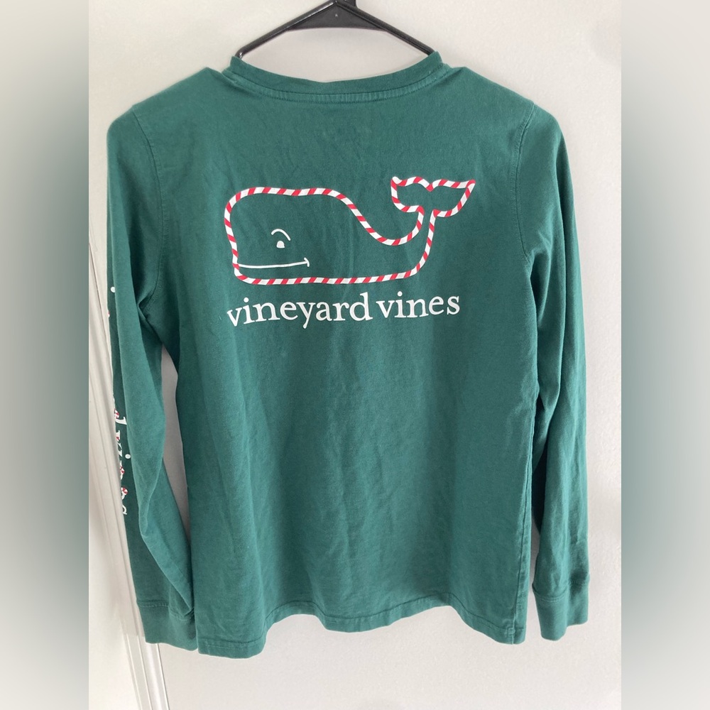 Vineyard Vines Candy Cane Christmas Long Sleeve Green Graphic Pocket Tee Sz S